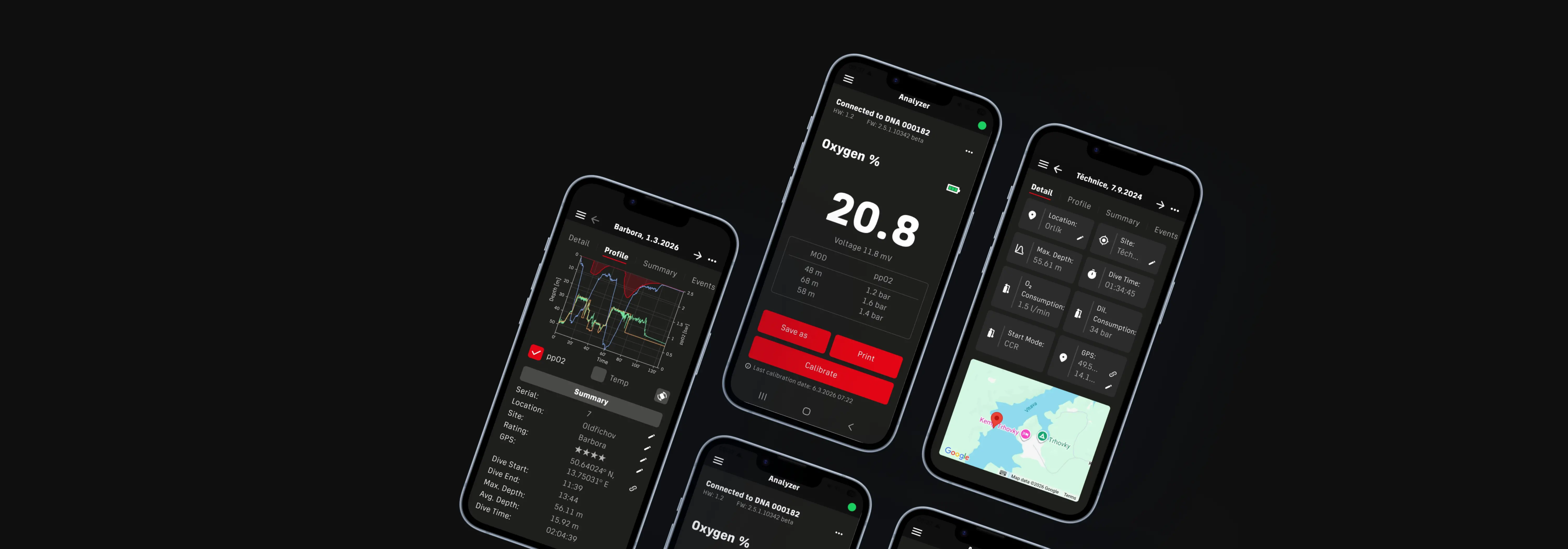 Divesoft.app mobile interface showing a comprehensive digital hub for divers