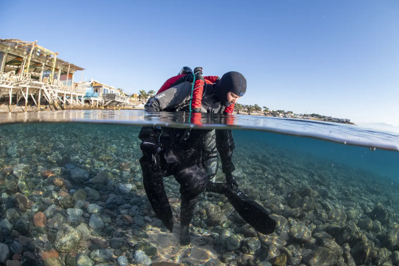 Diver wearing the Divesoft Liberty Light rebreather diving in Dahab, Egypt